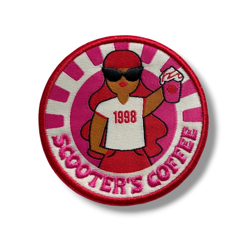 Scooters Coffee 1998 Embroidered Adhesive Patch Pink White Round Camp Scooter's